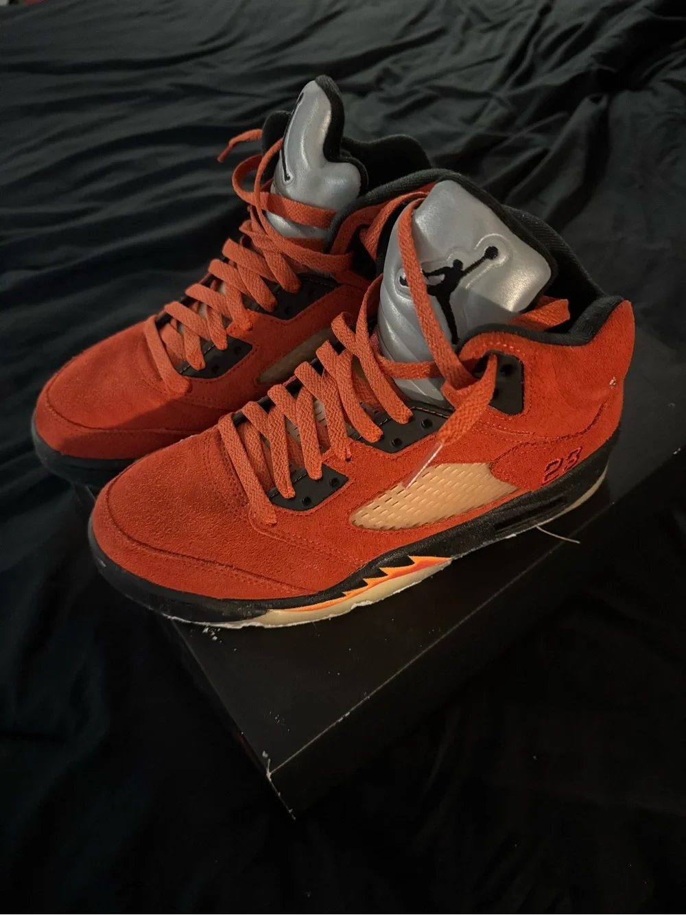 Air Jordan Retro 5 High Top Sneakers in Red-Orange Suede